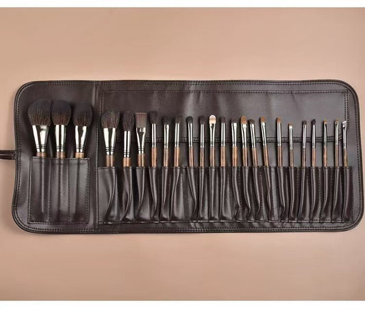 24Pcs Animal Hair Makeup Brush Set – Long Handle Eye Shadow & Concealer Brushes, Full Face Kit with Travel Brush Case, Professional Beauty Tools
