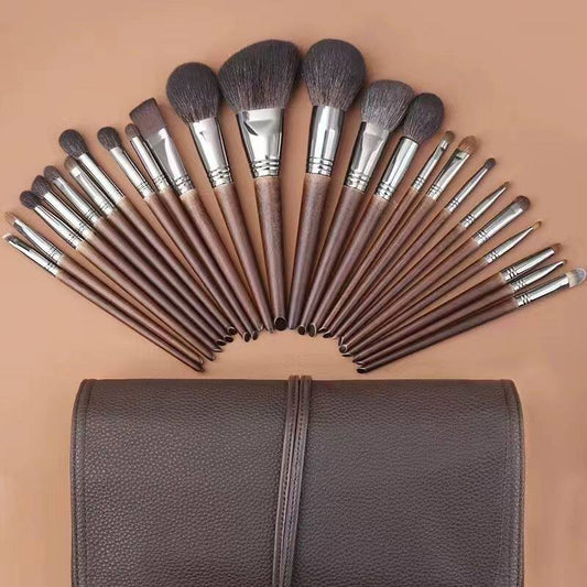 24Pcs Animal Hair Makeup Brush Set – Long Handle Eye Shadow & Concealer Brushes, Full Face Kit with Travel Brush Case, Professional Beauty Tools