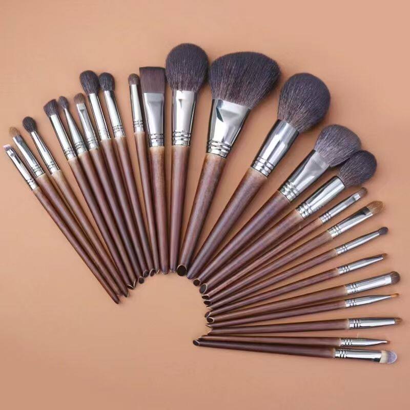 24Pcs Animal Hair Makeup Brush Set – Long Handle Eye Shadow & Concealer Brushes, Full Face Kit with Travel Brush Case, Professional Beauty Tools