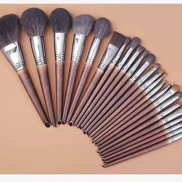 24Pcs Animal Hair Makeup Brush Set – Long Handle Eye Shadow & Concealer Brushes, Full Face Kit with Travel Brush Case, Professional Beauty Tools
